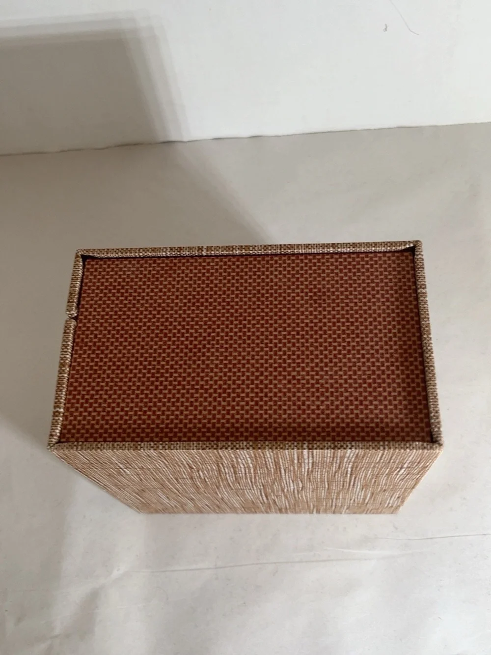 Small Fabric Covered Jewelry Trinket Box Orange Velvet Lined Brass Tone Latch 5”